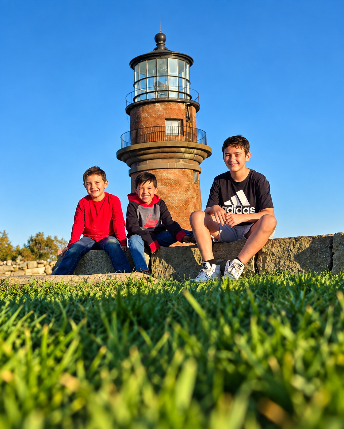 Three boys sitting in front of a brick lighthouse